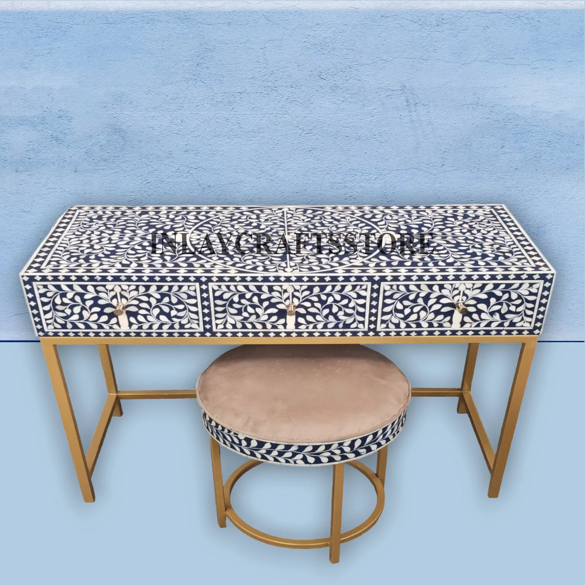 Bone Inlay 3 Drawers Console and Stool Indigo Blue V74347