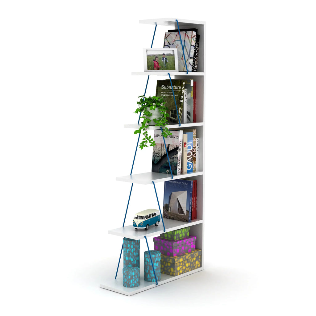 Modern 5 Tier Ladder Bookshelf, White/Blue X206547