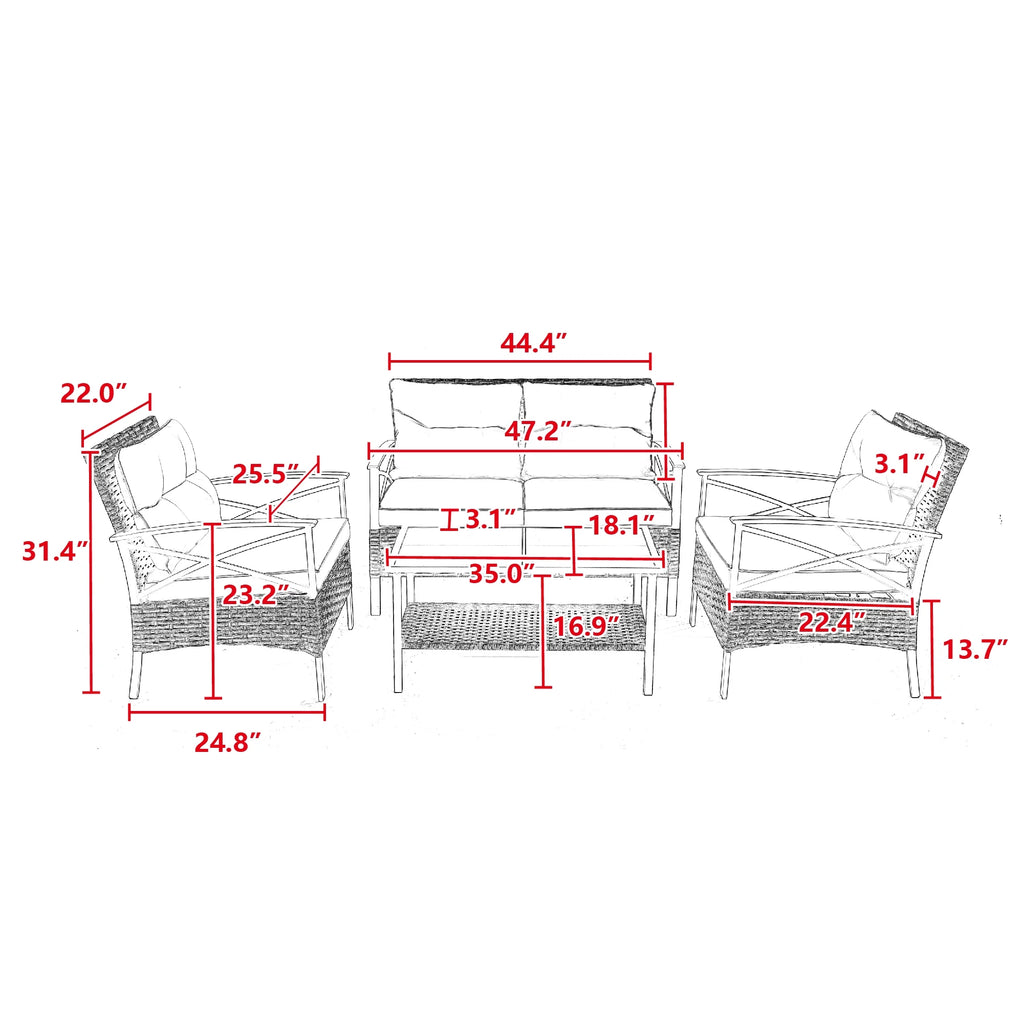 4 Piece Grey Wicker Sofa Set with Cushions G6364