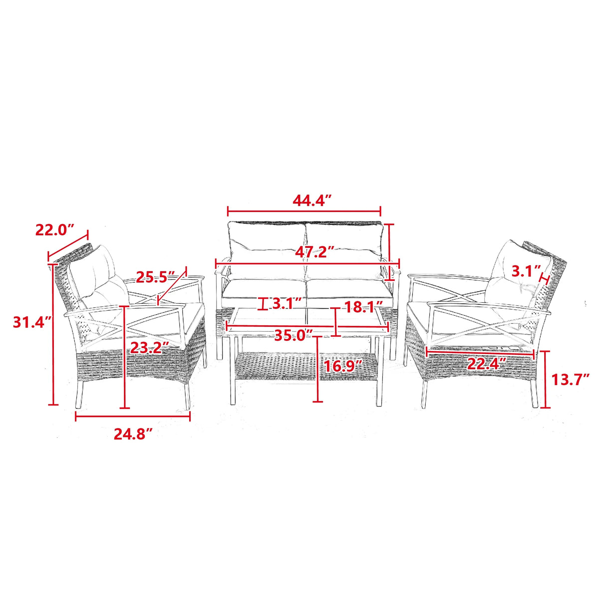 4 Piece Grey Wicker Sofa Set with Cushions G6364