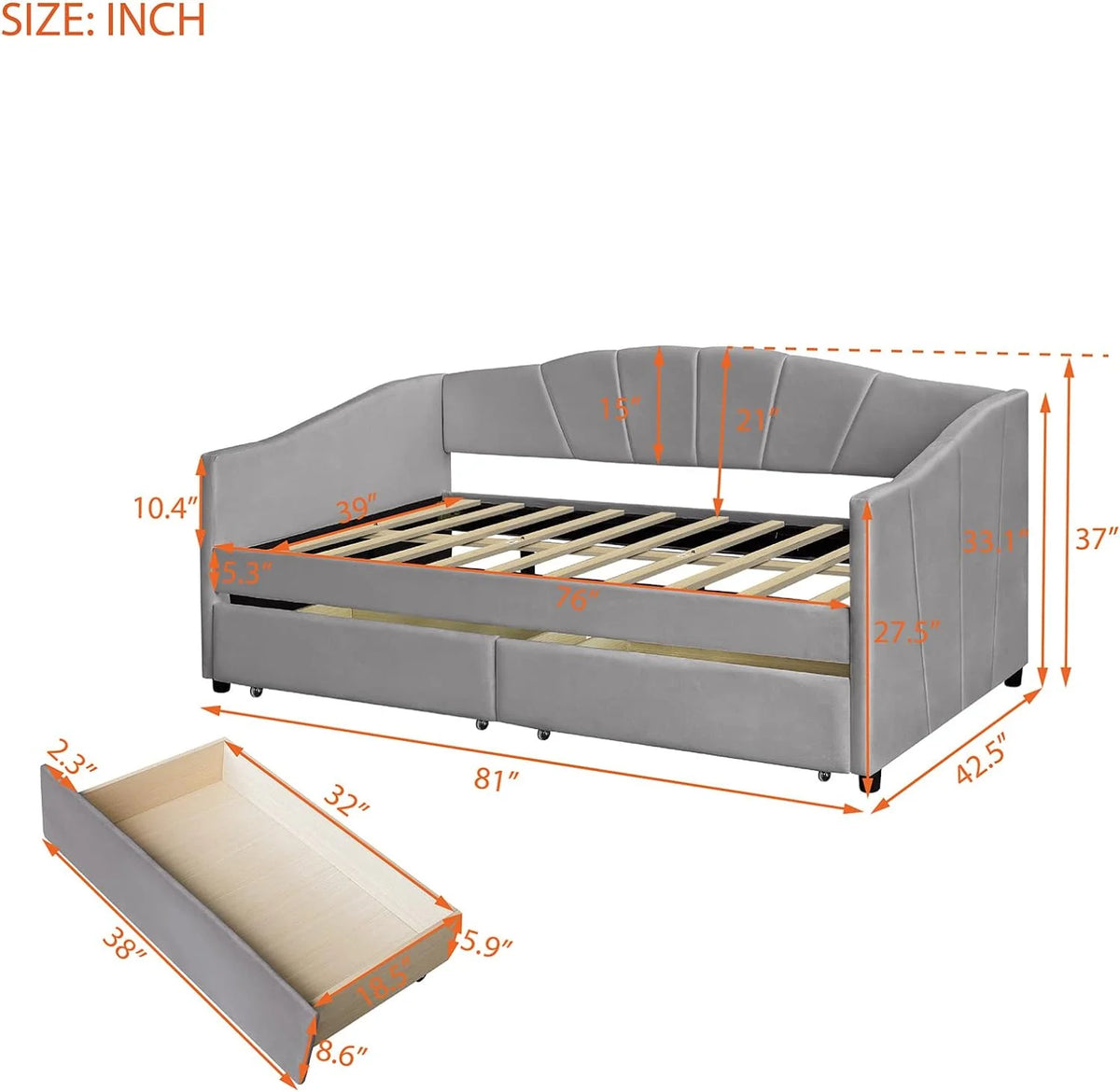 Velvet Gray Upholstered Daybed with Storage Drawers M41947