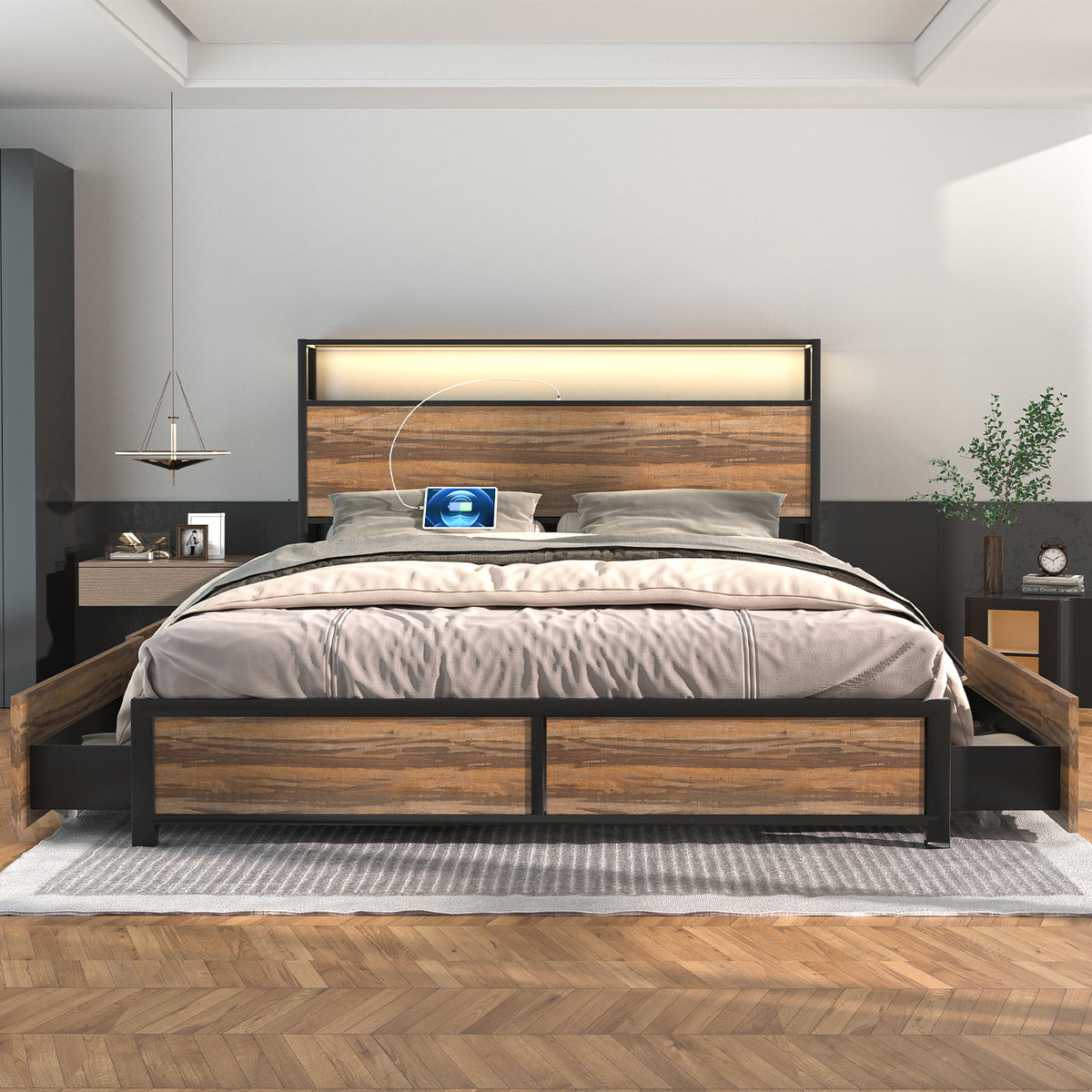 Queen Size LED Metal Bed Frame with 4 Storage Drawers and Headboard W29057