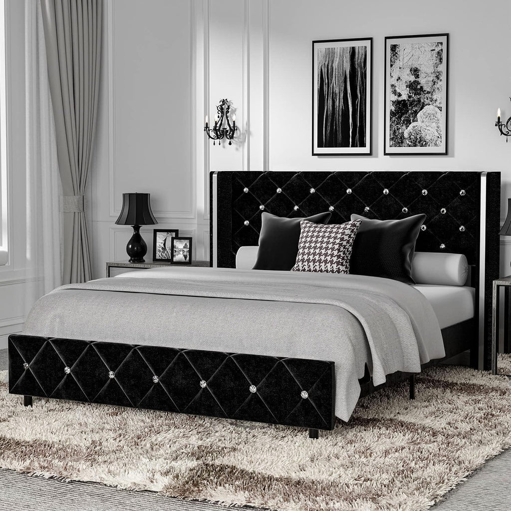 Queen Size Upholstered Platform Bed Frame with Wingback Diamond Tufted Headboard O279
