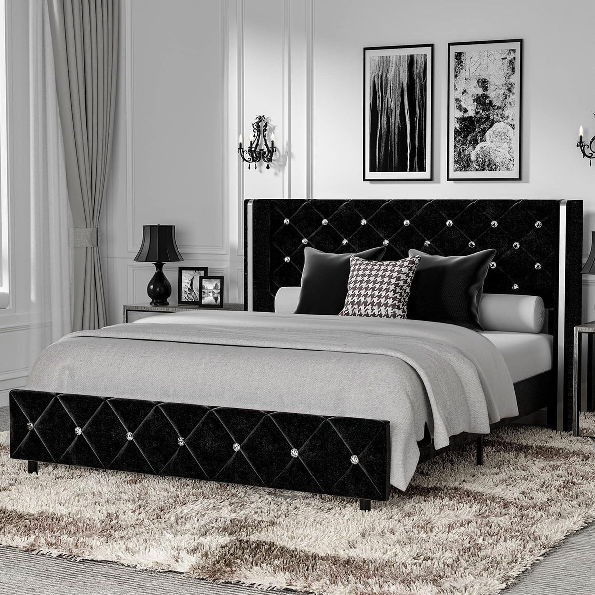 Queen Size Upholstered Platform Bed Frame with Wingback Diamond Tufted Headboard O279