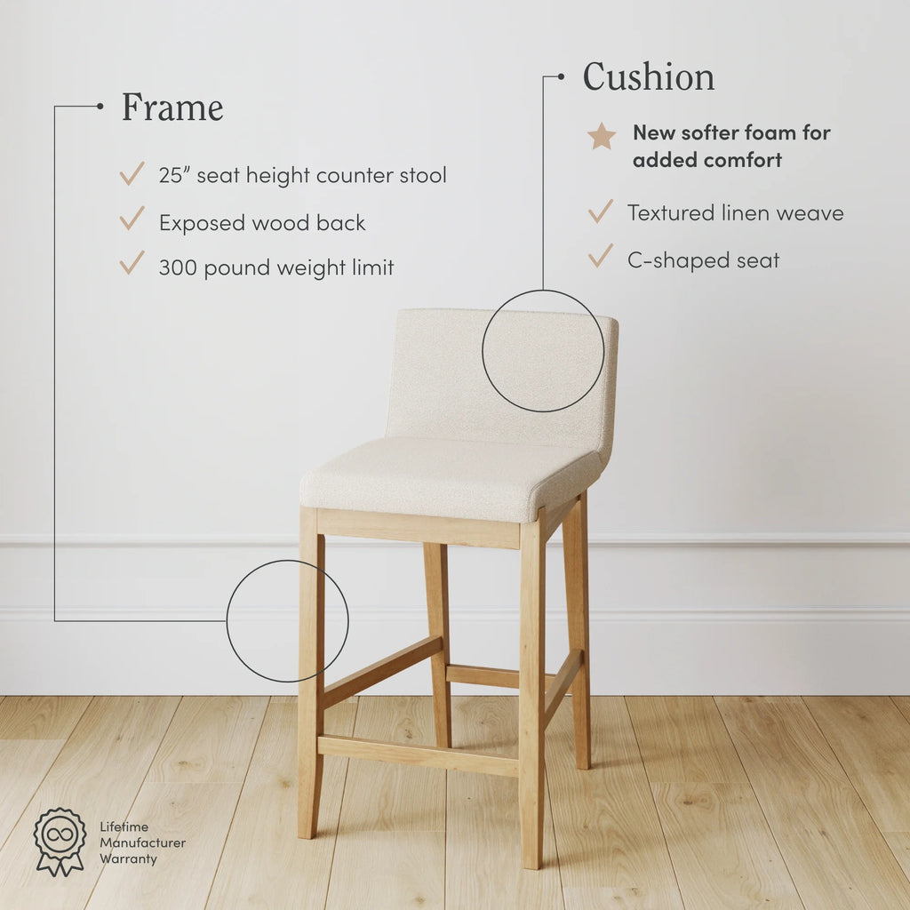 Counter Height Bar Stool with Back Upholstered Boucle Linen White Light Brown D8610