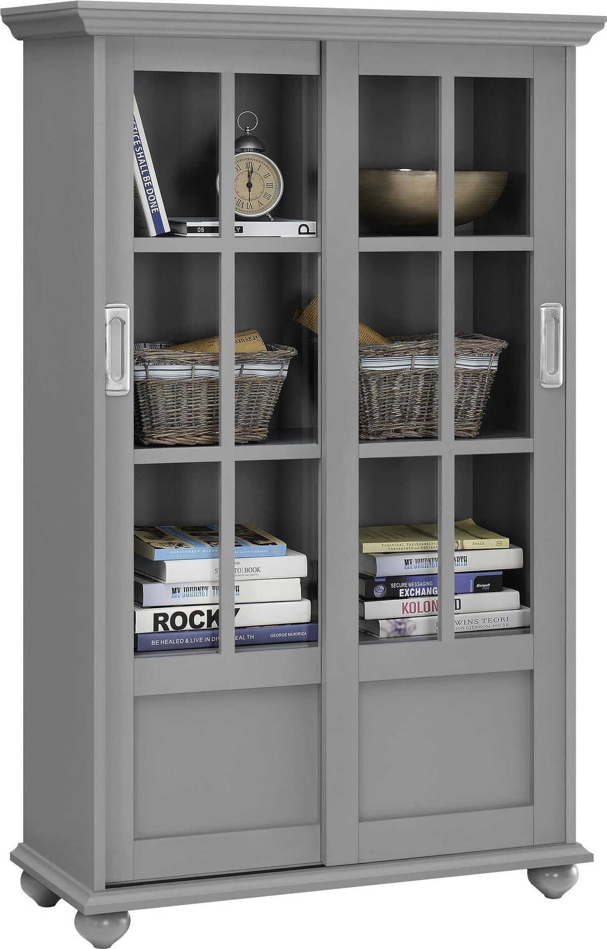 Soft Gray Bookcase with Sliding Glass Doors J21112