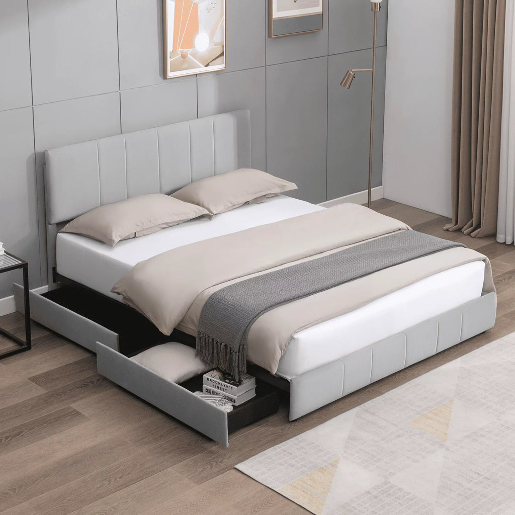 King Size Platform Bed Frame with 4 Storage Drawers and Adjustable Headboard D7569