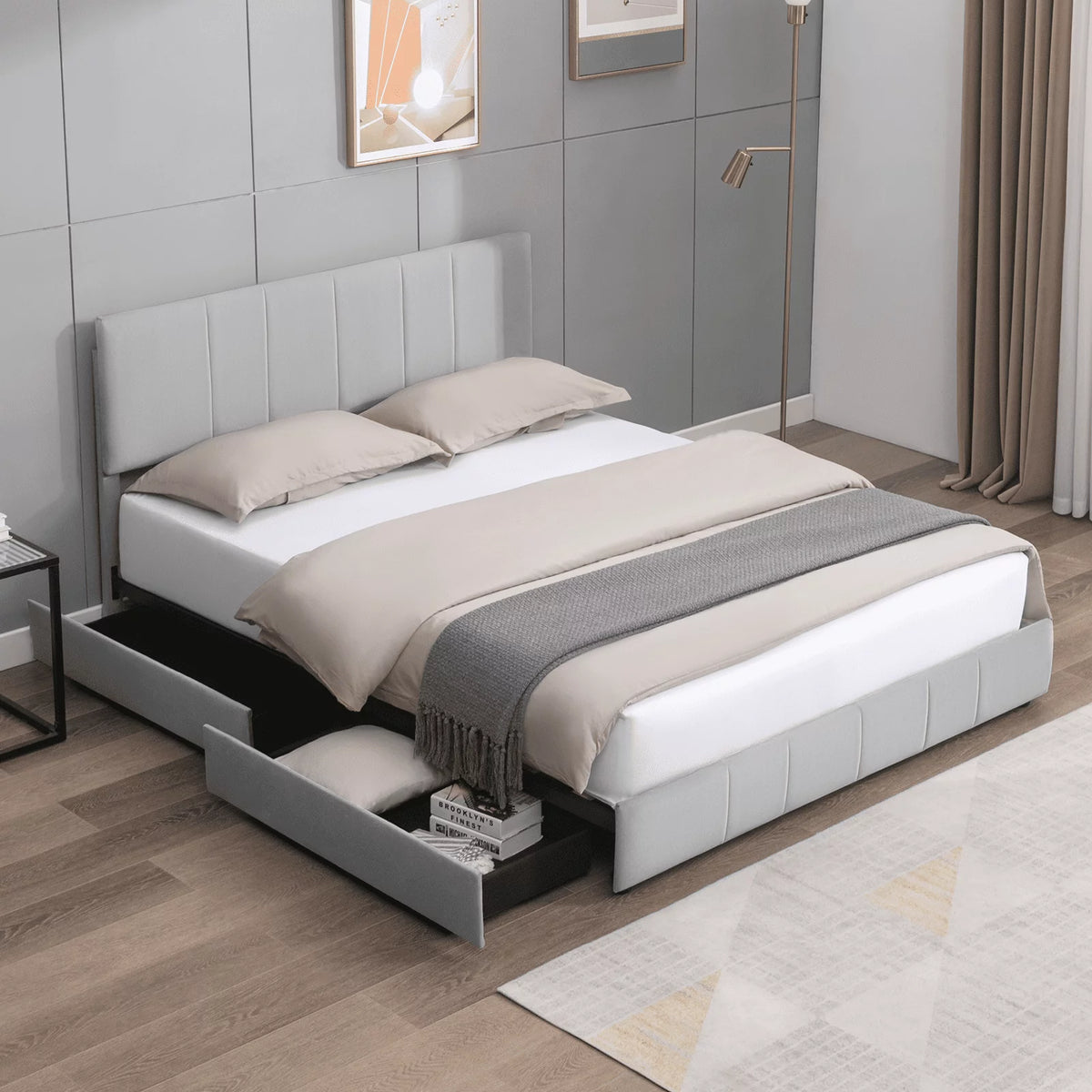 King Size Platform Bed Frame with 4 Storage Drawers and Adjustable Headboard D7569