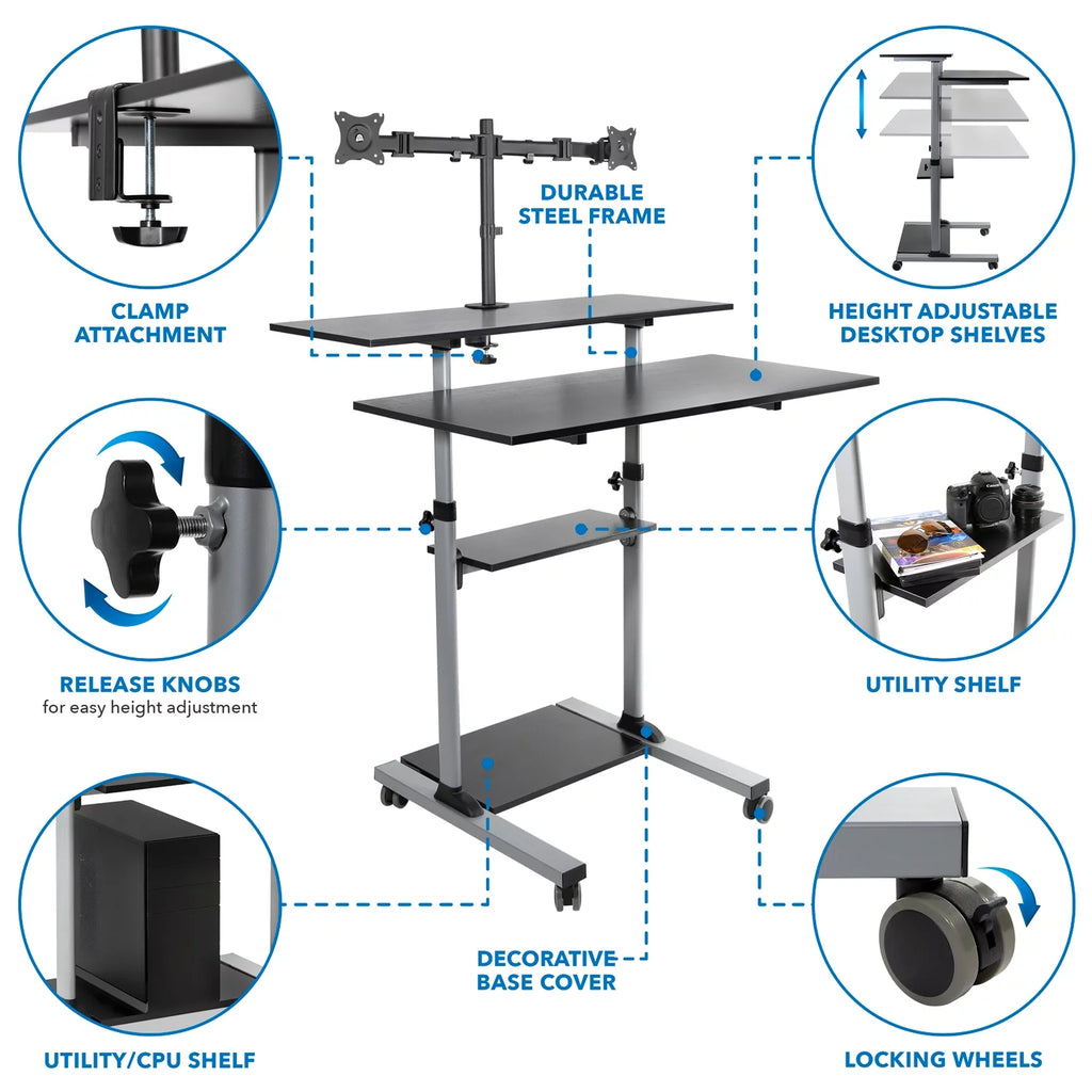 Extra Wide Mobile Standing Desk with Dual Monitor Mount P227