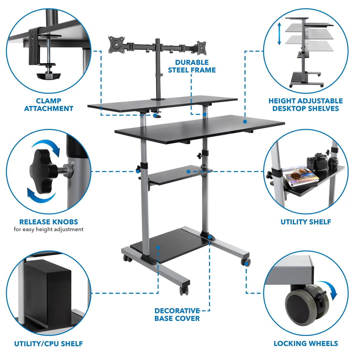 Extra Wide Mobile Standing Desk with Dual Monitor Mount P227