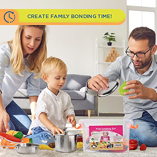 Play Food and Stainless-Steel Pots and Pans and Utensils Toy Kitchen Playset E812
