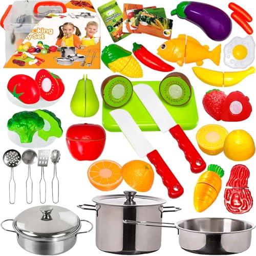 Play Food and Stainless-Steel Pots and Pans and Utensils Toy Kitchen Playset E812