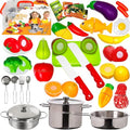 Play Food and Stainless-Steel Pots and Pans and Utensils Toy Kitchen Playset E812