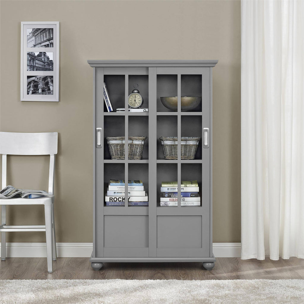 Soft Gray Bookcase with Sliding Glass Doors J21112