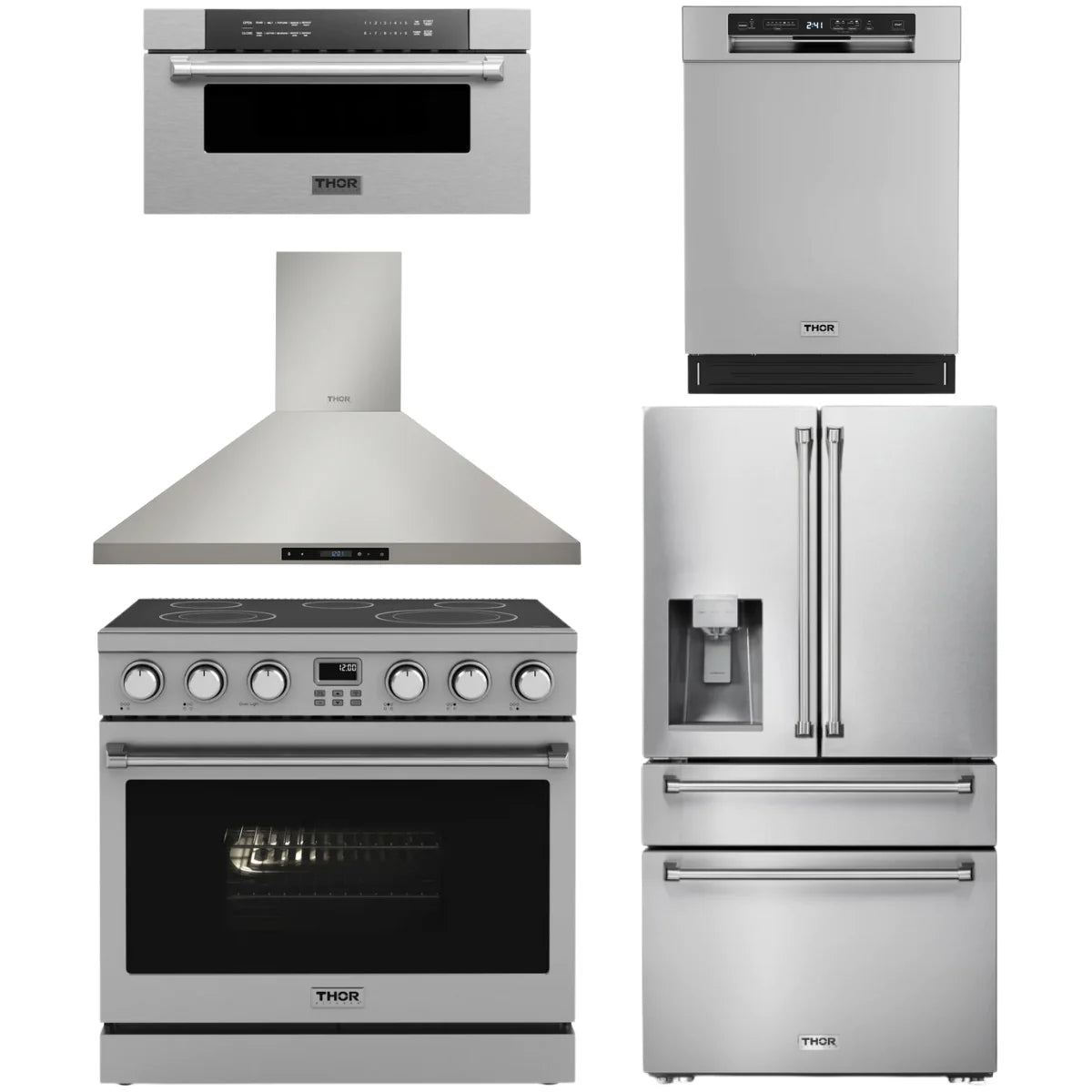 36 Electric Range, Range Hood, Refrigerator, Dishwasher and Microwave V36446