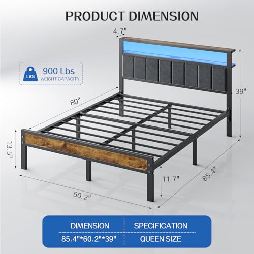 Queen Size Platform Bed Frame with Storage Headboard and Charging Station R422