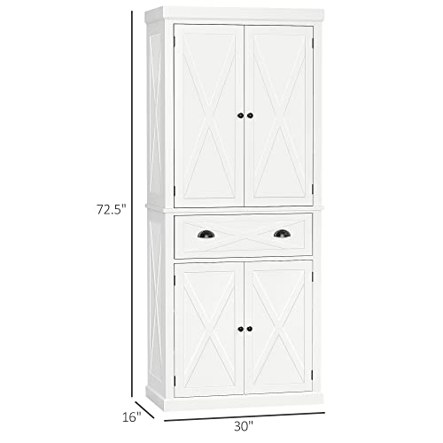 White Kitchen Pantry Storage Cabinet with 4 Doors and 3 Adjustable Shelves H385626