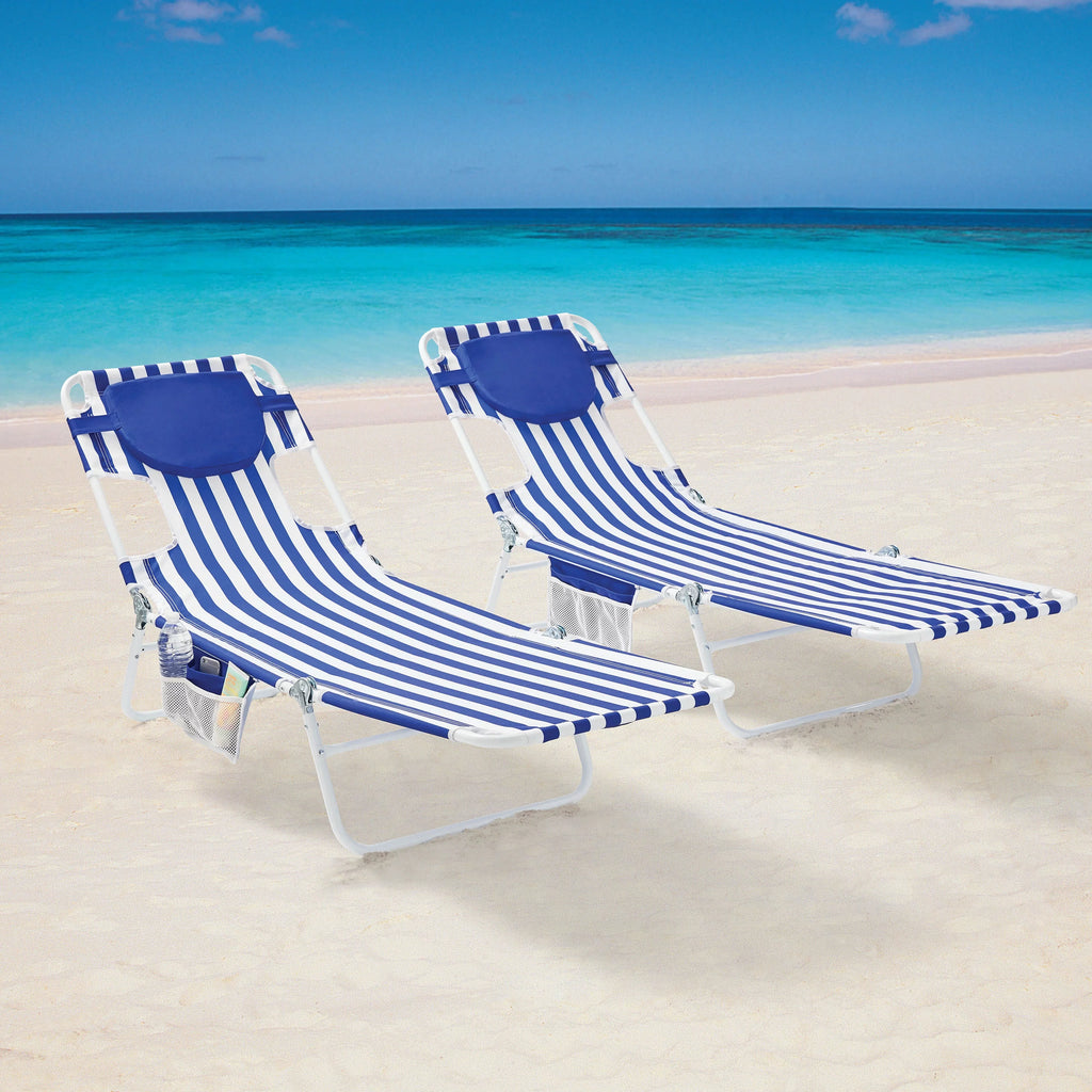Blue & White Stripe Folding Beach Lounger 2-Pack I42607
