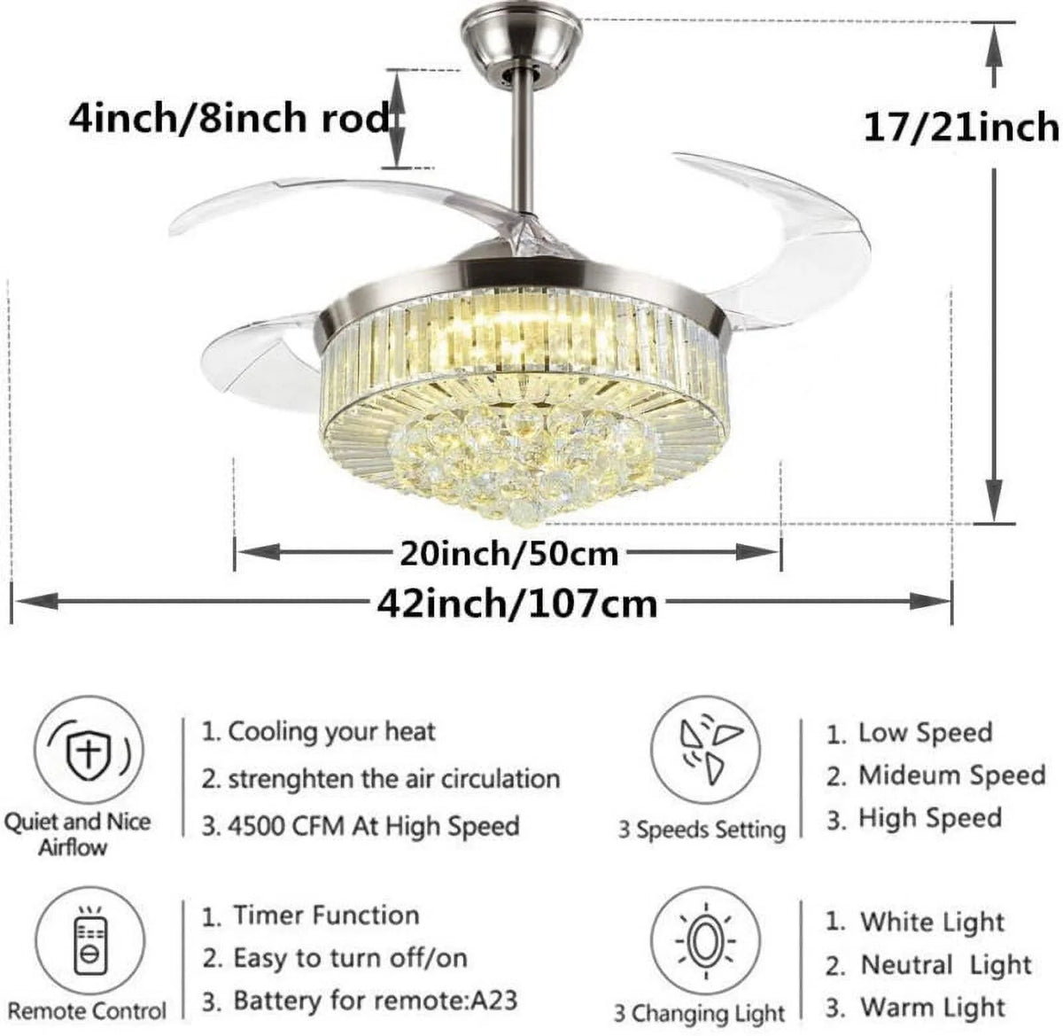 42" Invisible Ceiling Fan Chandelier with Light H5699