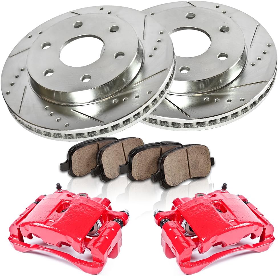 Powder Coated Red Calipers Rotors Ceramic Pads Kit L187660