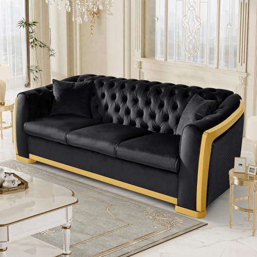 Grey Velvet Tufted Sofa with Gold Legs L158141