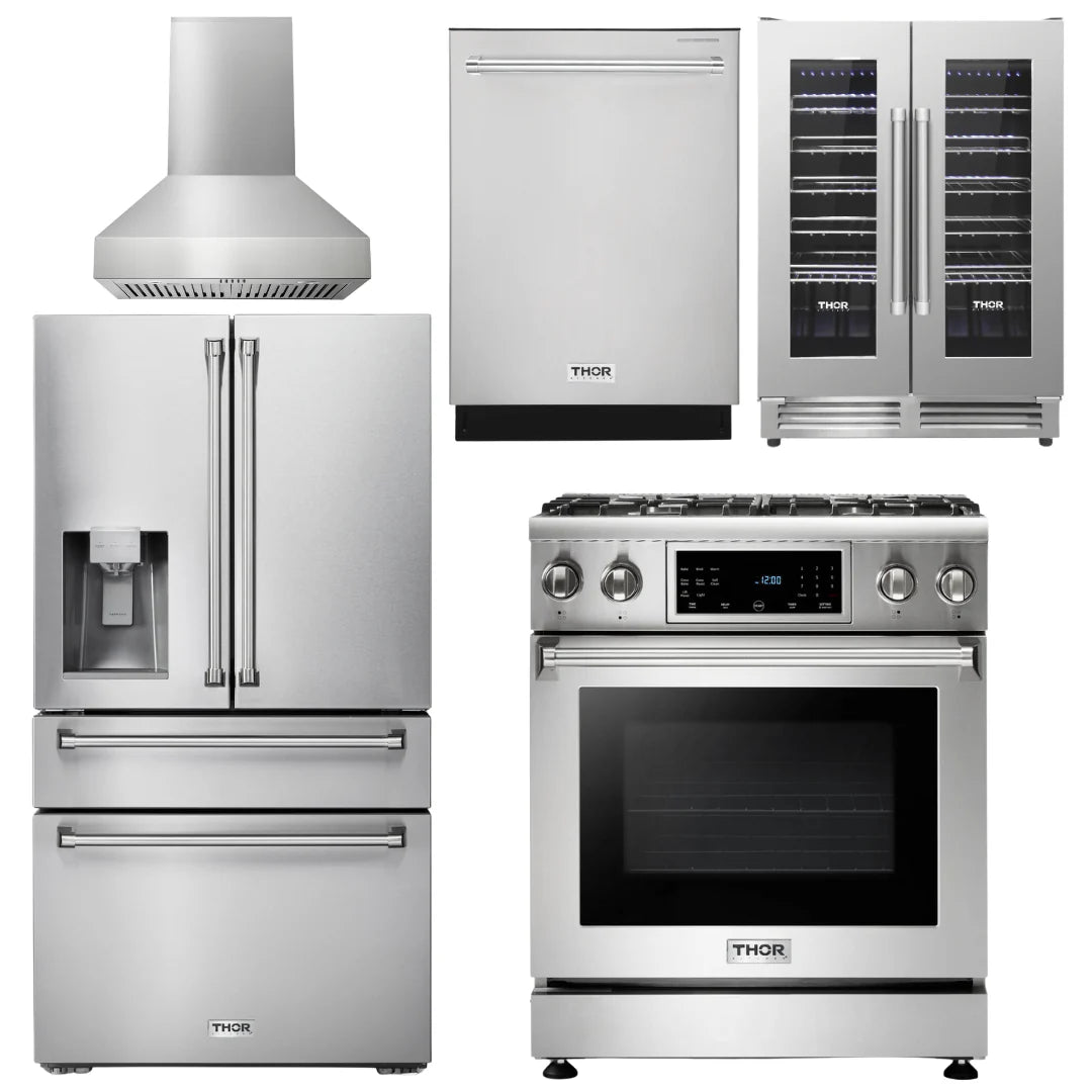 30 In. Propane Gas Range, Range Hood, Refrigerator, Dishwasher, Wine Cooler M710