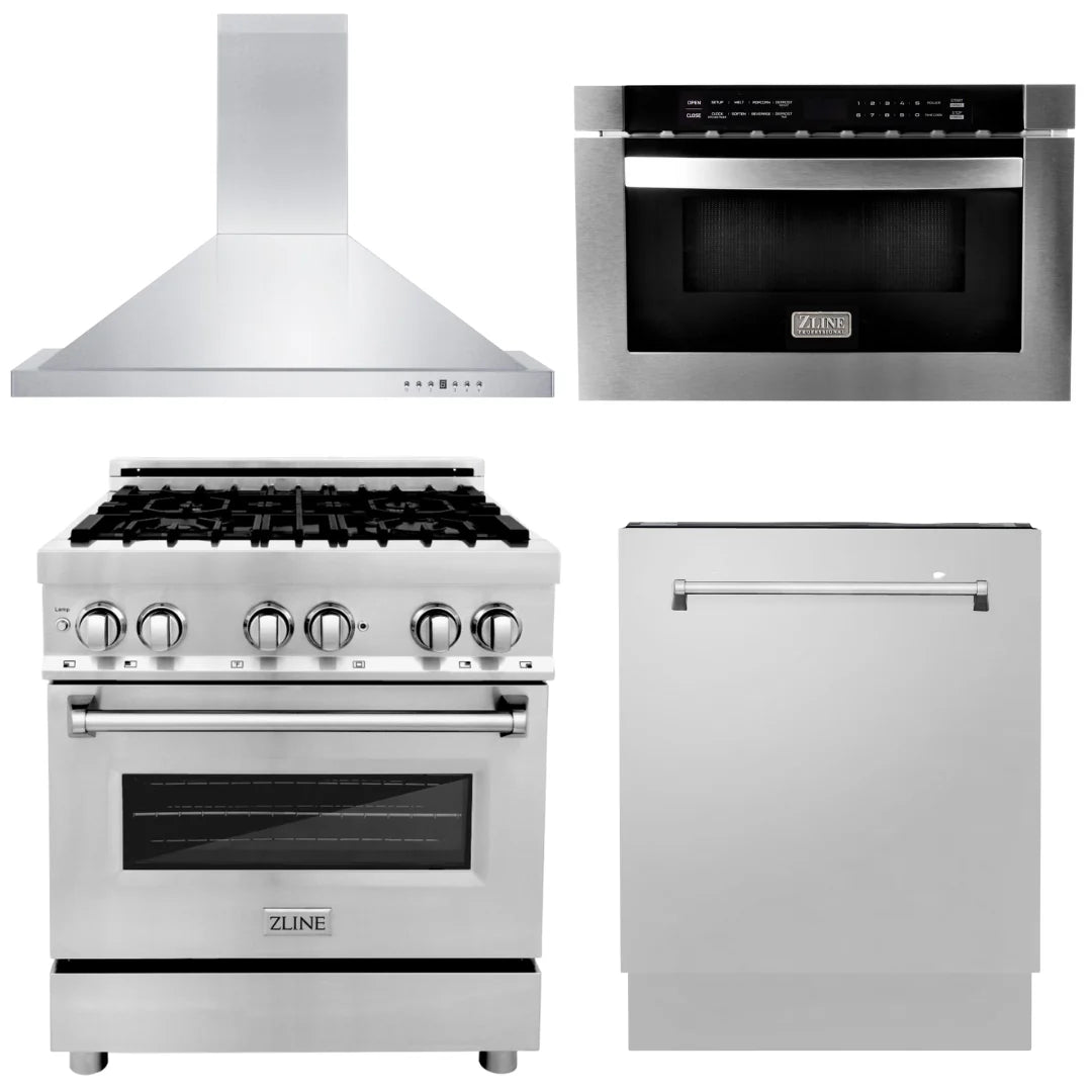 30 in. Dual Fuel Range, Range Hood, Microwave Drawer, Dishwasher Q343