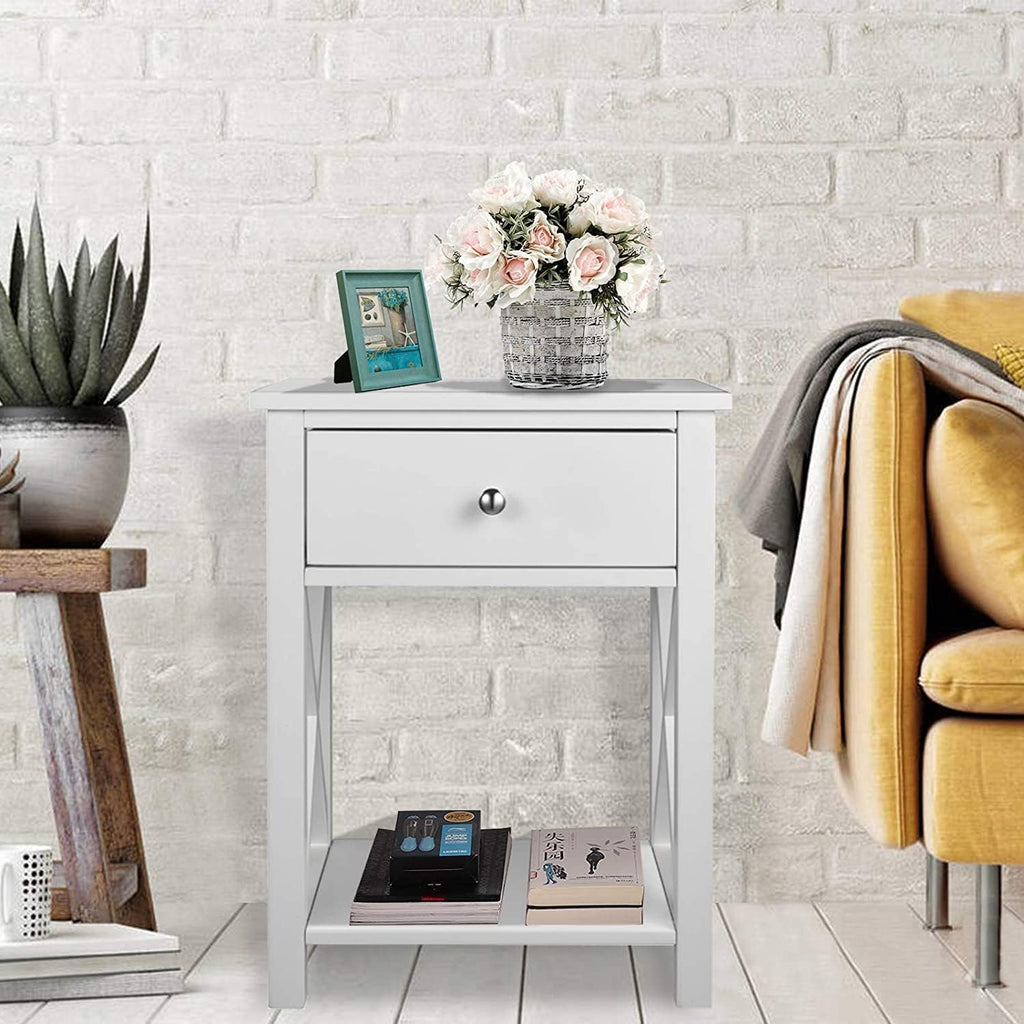 2 Pcs White Wooden Side End Table Night Stand with Bin Drawer J531968