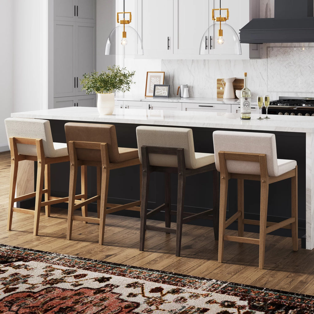 Counter Height Bar Stool with Back Upholstered Boucle Linen White Light Brown D8610