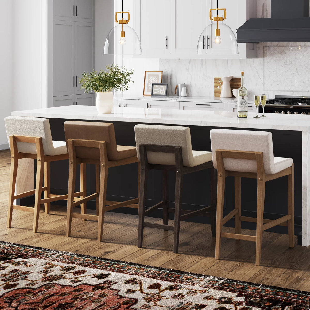 Counter Height Bar Stool with Back Upholstered Boucle Linen White Light Brown D8610