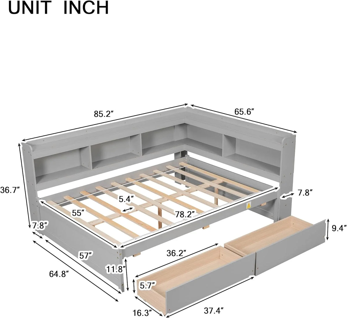Full Size Wood L-Shape Daybed with Bookcase Headboard and Drawers V224865