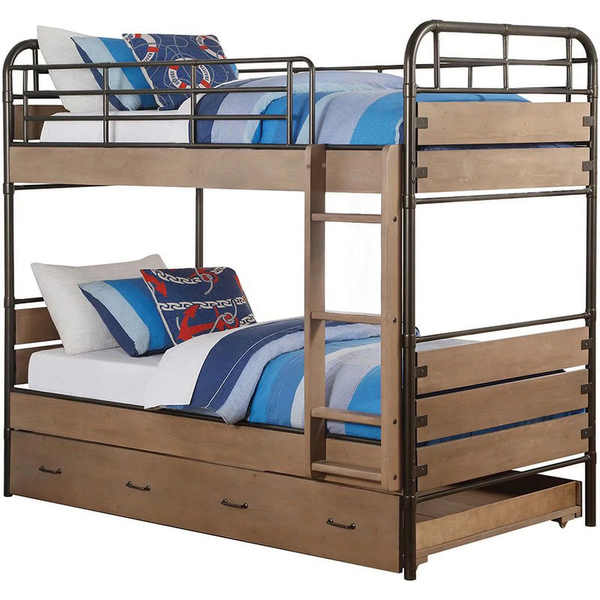 Twin Over Twin Wood Panel Bunk Bed with Trundle K4074