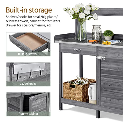 Gray Wooden Potting Bench with Cabinet Drawer B81619