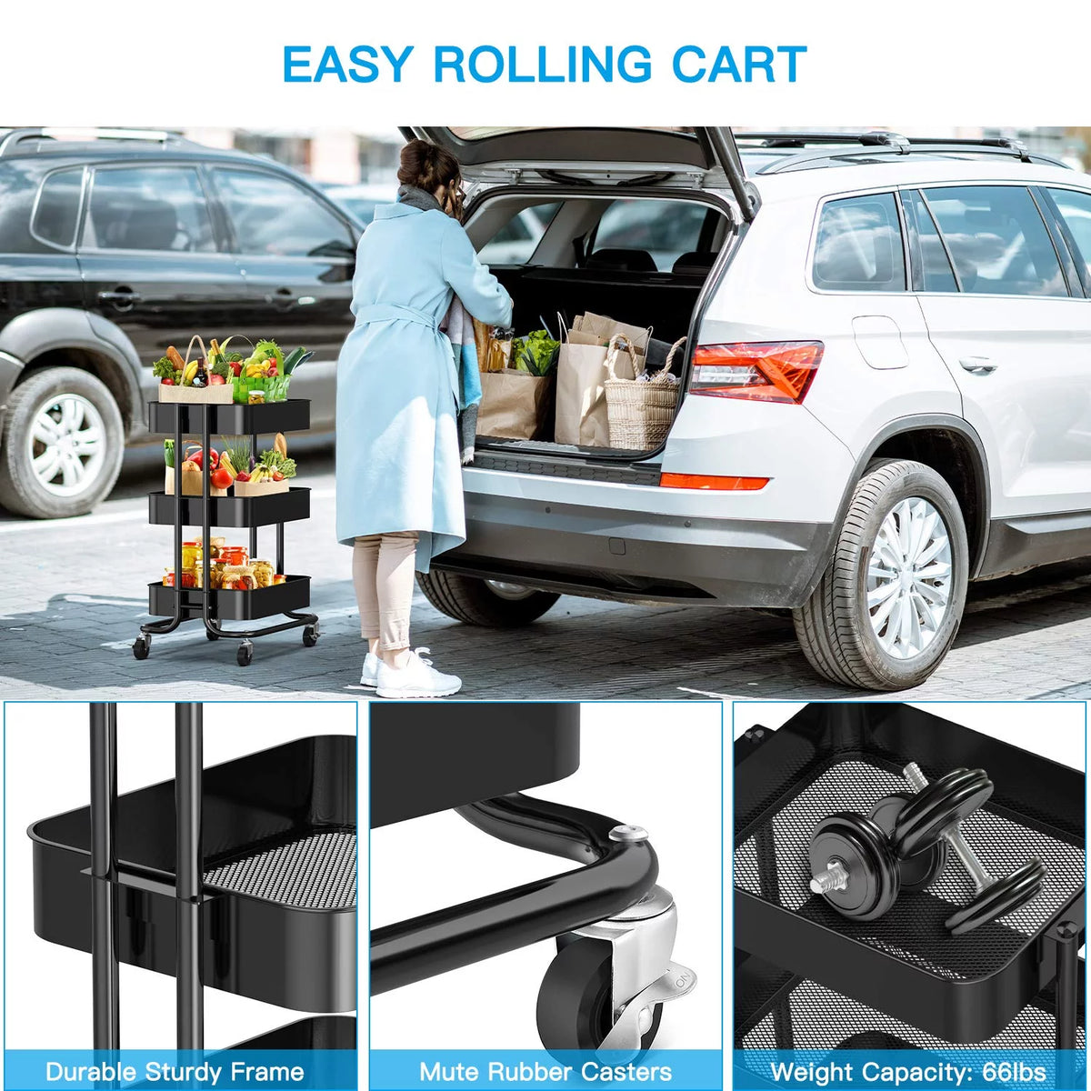 3-Tier Metal Rolling Utility Cart with 2 Lockable Wheels C1333