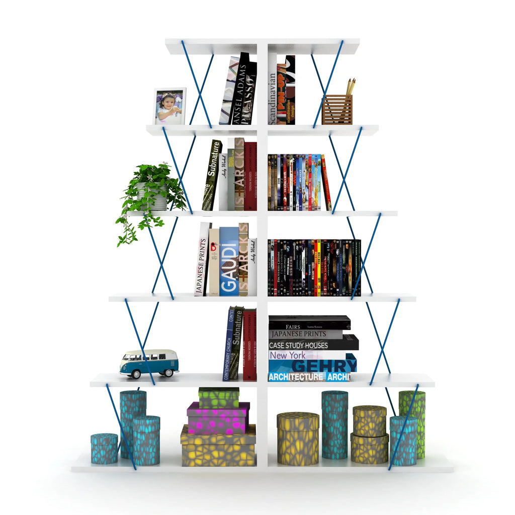 Modern 5 Tier Ladder Bookshelf, White/Blue X206547
