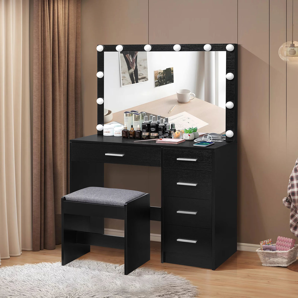 Black Makeup Vanity Table with Lighted Mirror and Stool C686
