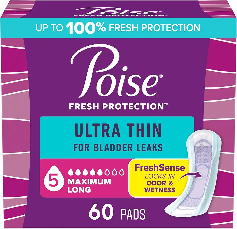 Ultra Thin Incontinence & Postpartum Pads with Wings, 5 Drop Maximum Absorbency, Long Length, 60 Count G1783