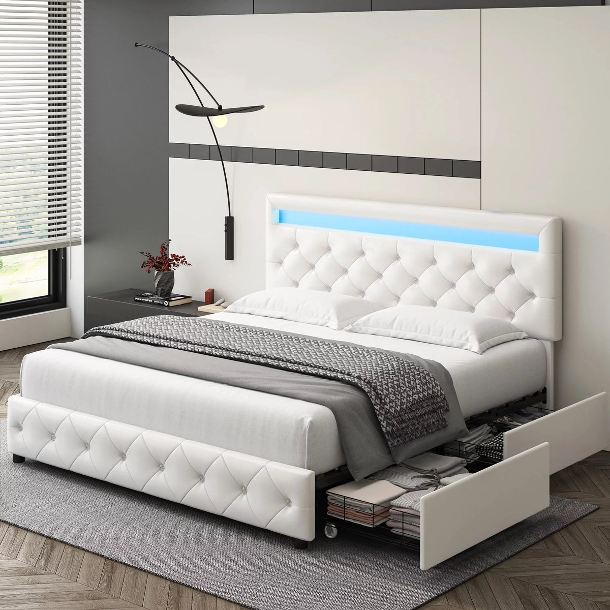 Full LED Bed Frame with 4 Storage Drawer, Upholstered Platform Bed with Adjustable Headboard, Black F7891