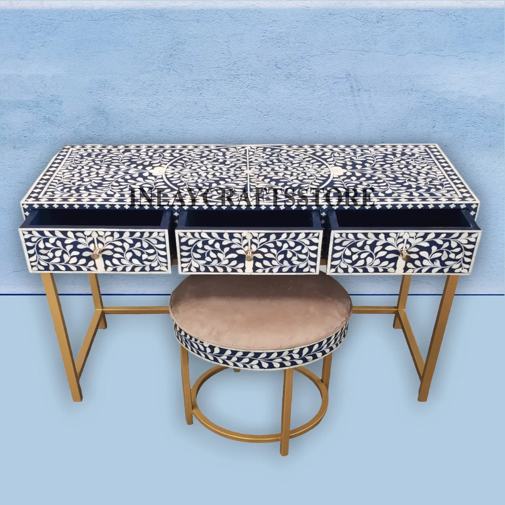 Bone Inlay 3 Drawers Console and Stool Indigo Blue V74347