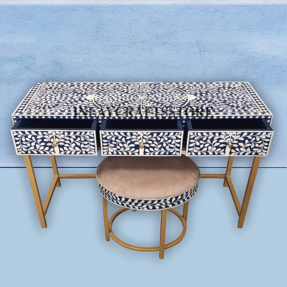 Bone Inlay 3 Drawers Console and Stool Indigo Blue V74347