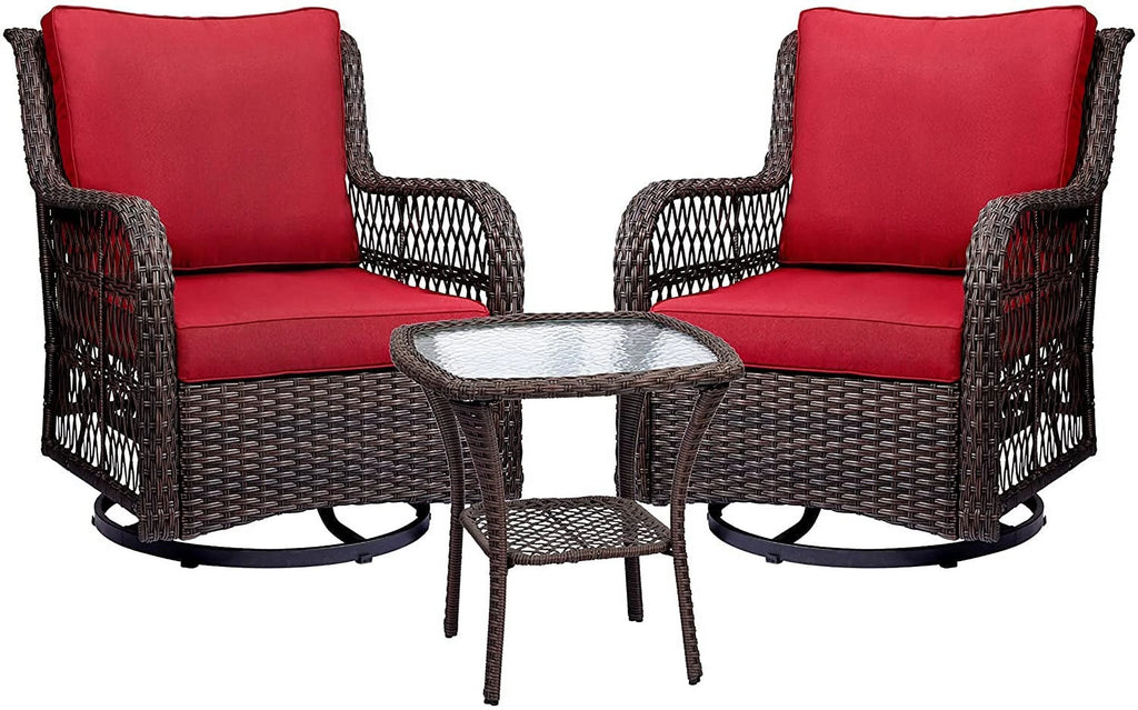 Outdoor Wicker Swivel Rocker Patio Set with Cushions and Glass Top Side Table A3311