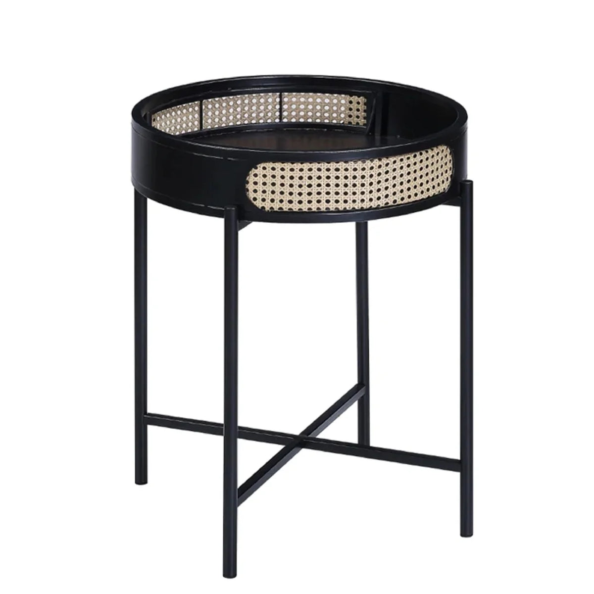 24 Inch Round End Table Rattan Accent Metal Legs Black U92652