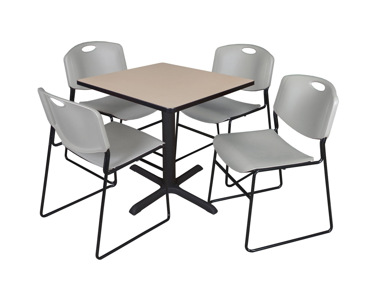 Cherry Square Breakroom Table & 4 Grey Stack Chairs F5946