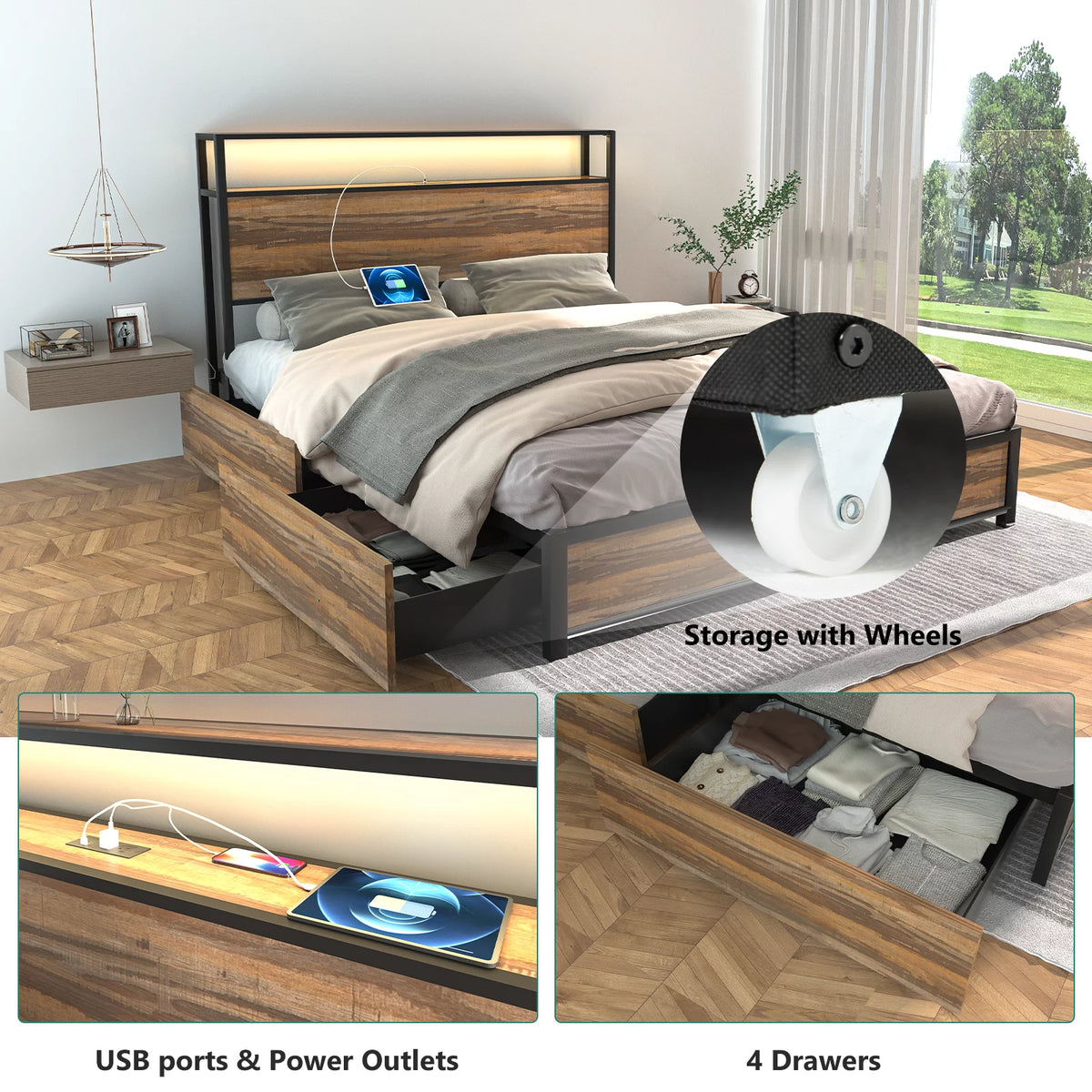 Queen Size LED Metal Bed Frame with 4 Storage Drawers and Headboard W29057