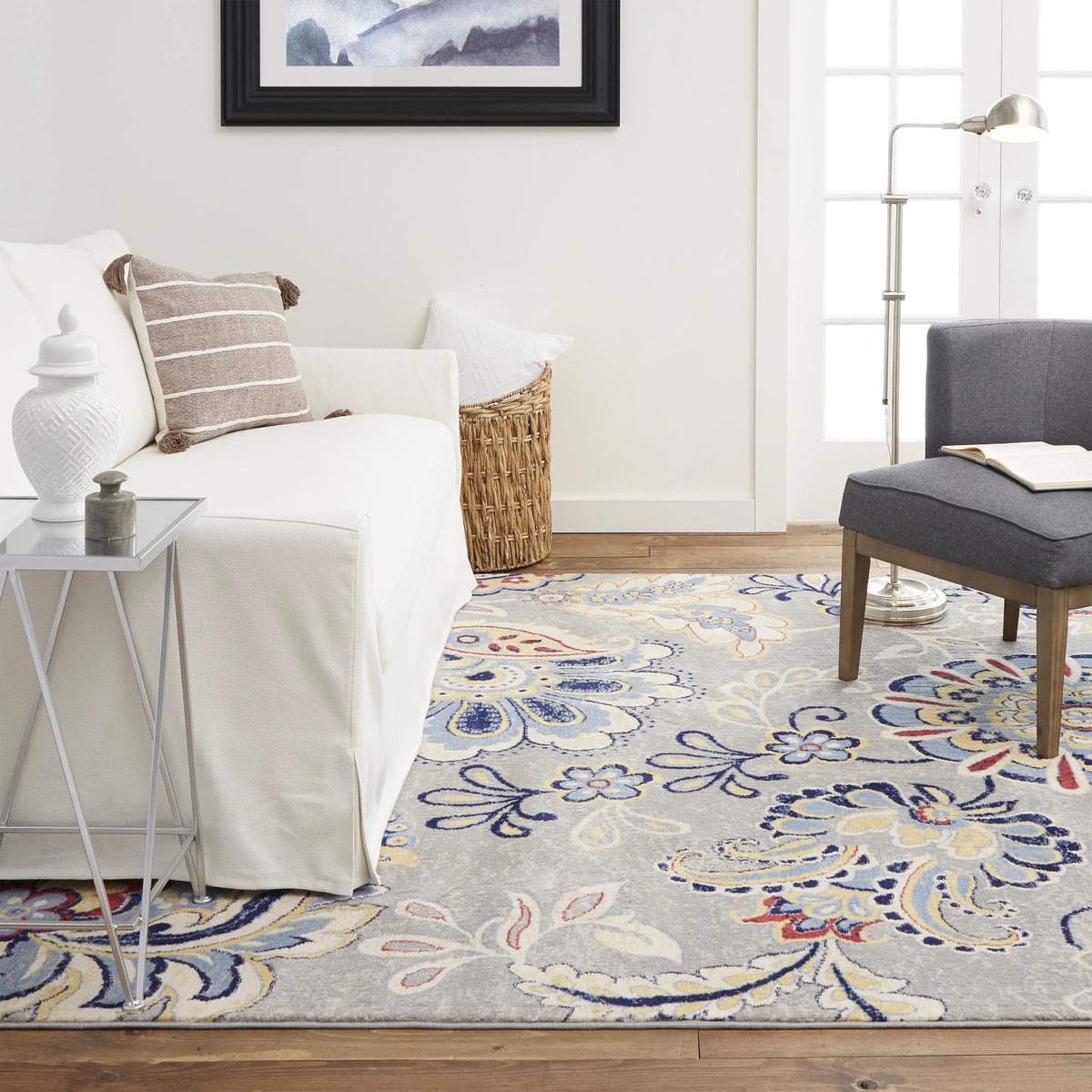 Grey/Red Bohemian Floral Area Rug 5'3"x7'2" A52027