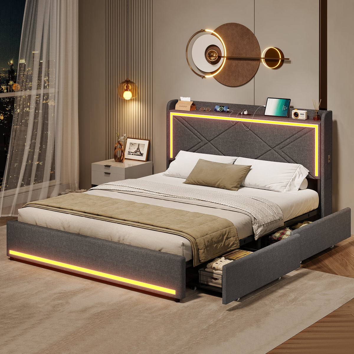 Queen Bed Frame with LED Lights Headboard and Charging Station, Upholstered Platform Bed with Storage Drawers, Dark Gray Q31804