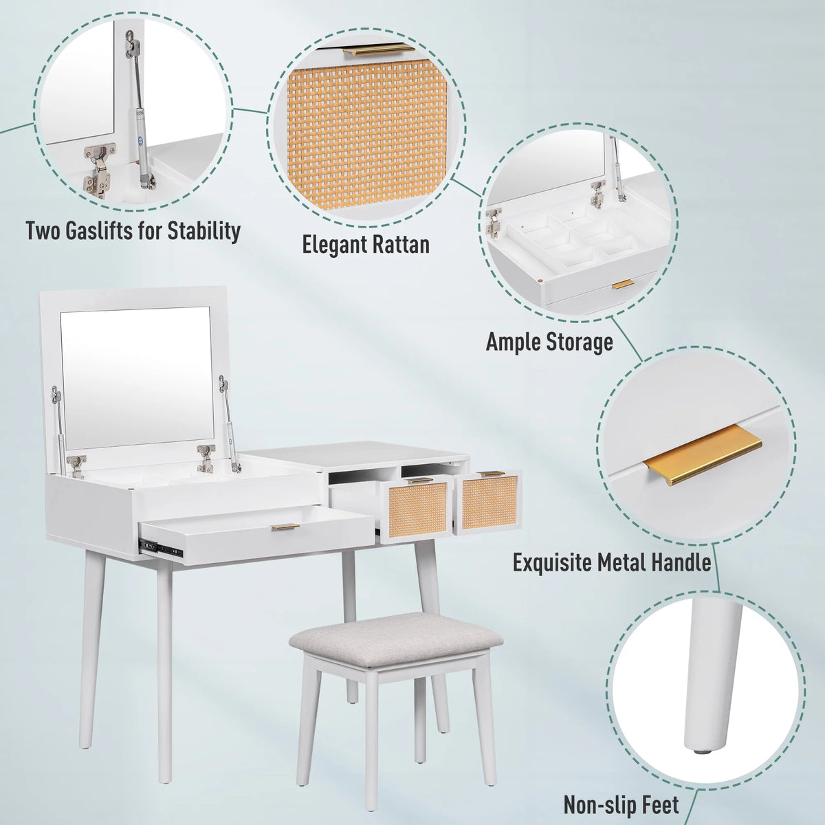 White Wood Makeup Dresser with Flip-top Mirror and Stool A61320