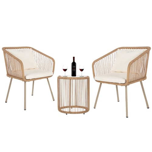 3-Piece Wicker Patio Bistro Set with 2 Chairs Coffee Table Cushions N64467