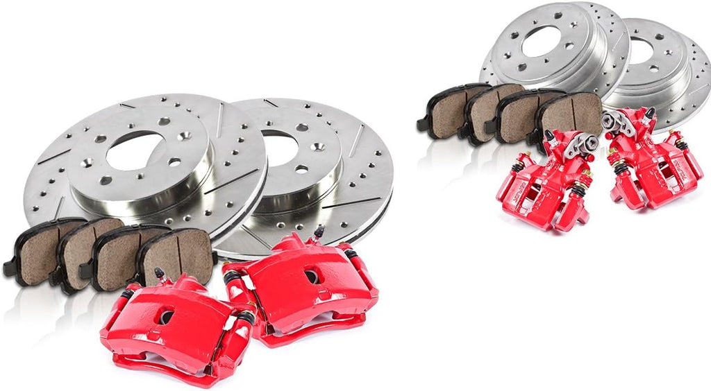 Powder Coated Red Calipers + Drilled Slotted Rotors + Ceramic Pads E4784