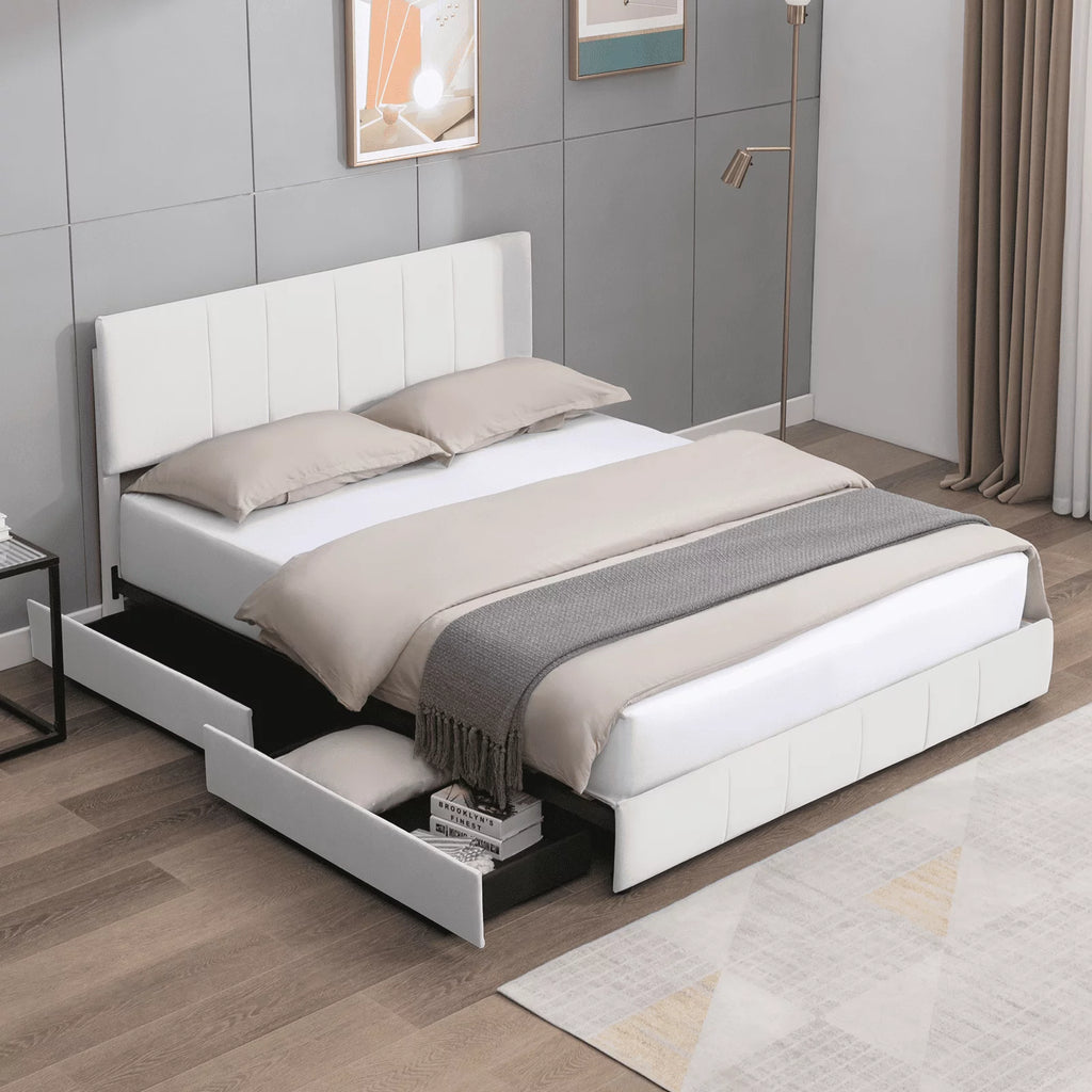 King Size Platform Bed Frame with 4 Storage Drawers and Adjustable Headboard D7569